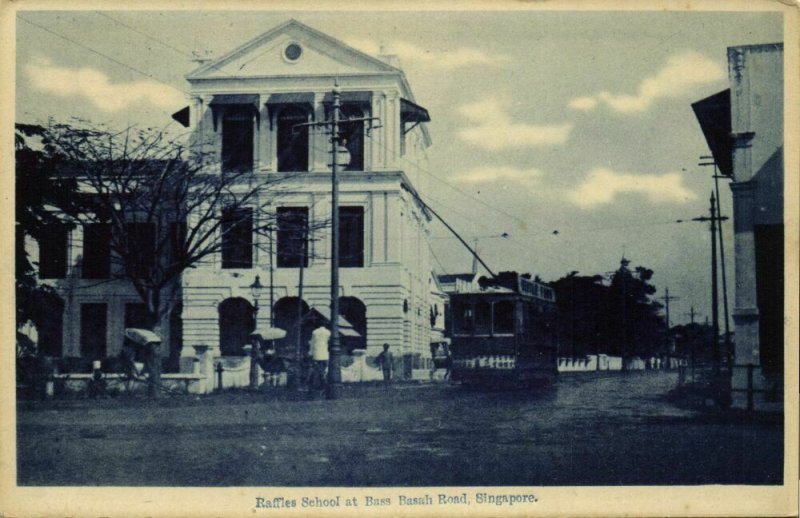 singapore, Raffles School at Bass Basah Road, Tram Street Car (1910s) Postcard