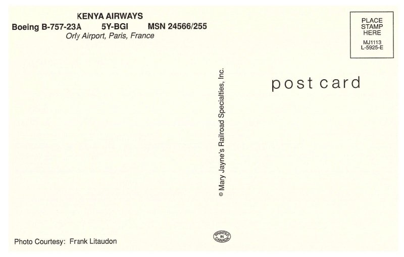Kenya Airways Boeing B-757-23A Airplane Postcard