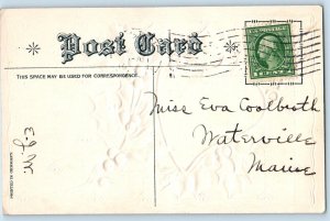 Christmas Postcard Bell House Winter Holly Berries Nash Embossed Waterville ME