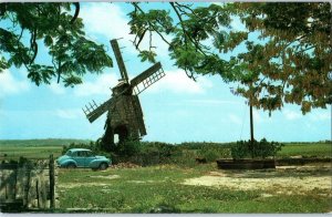 Old Sugar Mill Barbados West Indies w Old Car on Roadside Postcard