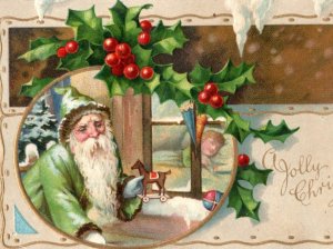 C. 1910 Green Coat Santa Claus Toy Horse Snow Christmas Vintage Postcard P215