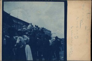 Barnum Circus Parade Where? Visible Sign Clowns Cyanotype Real Photo Postcard