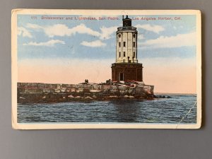 Breakwater & Lighthouse San Pedro CA Litho Postcard A1146084314