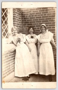RPPC 3 Ladies @ Brick Hospital~Ward Aide Staff Uniforms~Pinstripe Dress & Apron