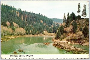 Lower Umpqua River Oregon OR Fishing Place Vacationland Pine Trees Postcard