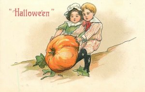 Halloween, Boy and Girl Pulling Pumpkin, H.B Griggs, Signed, Leubrie & Elkus