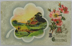 Landscape of Farm House, River & Bridge A Birthday Greeting  - Vintage Postcard