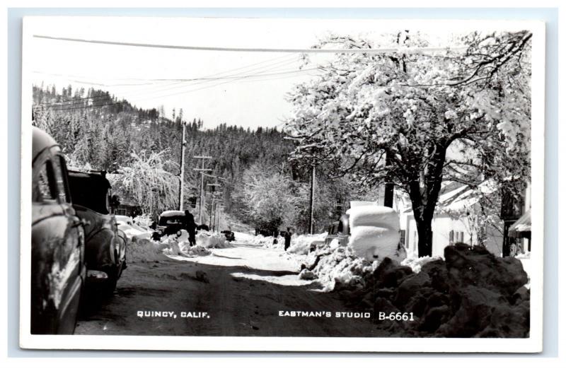 Postcard Quincy, CA Winter Scene Snow Streets cars residential RPPC H12