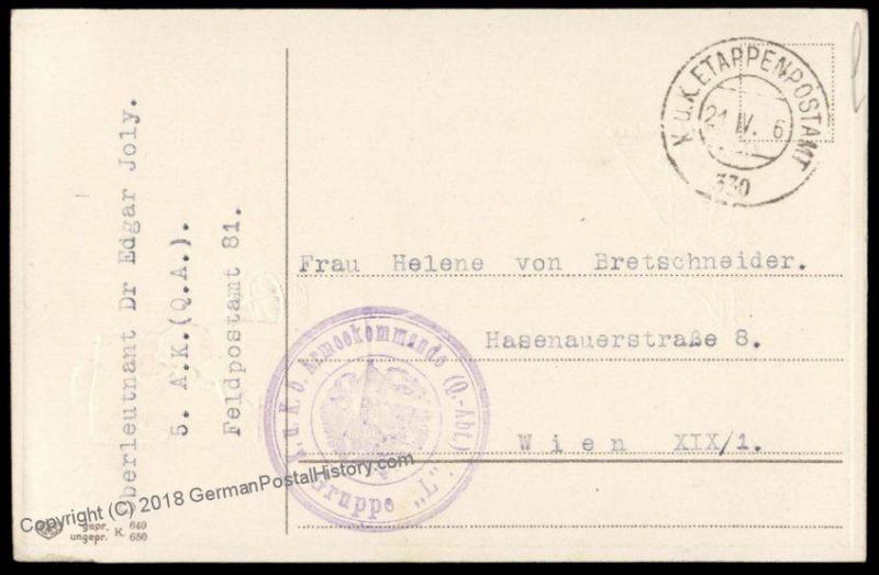 Austria Germany WWI Patriotic Feldpost Easter Cover FPN81 Oberleutnant Edg 72109