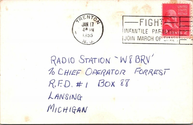 VINTAGE POSTCARD HAM RADIO CALLING CARD K2JPW FROM TRENTON NEW JERSEY 1955