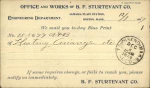 Jamaica Plain MA BF Sturtevant Co Engineering Dept 1899 Postal Card