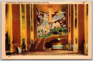 Vtg New York City NY Grand Foyer Radio City Music Hall 1930s View Linen Postcard