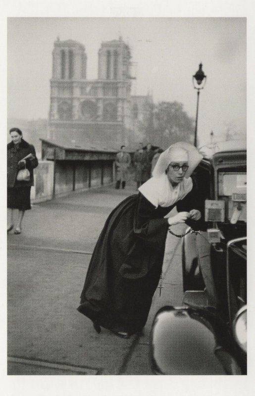 France French Paris Nervous Nun Boarding Taxi Car in 1953 Postcard