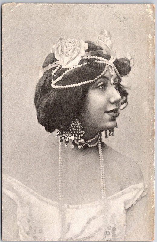 Woman In Side View Pearl Necklace & Headband Portrait Postcard