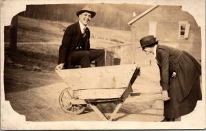 Real Photo Postcard Couple Playing With a Wheelbarrow in New York~2334 