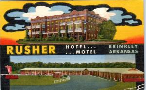 BRINKLEY, AR Arkansas   RUSHER HOTEL & MOTEL  c1950s Linen Roadside  Postcard