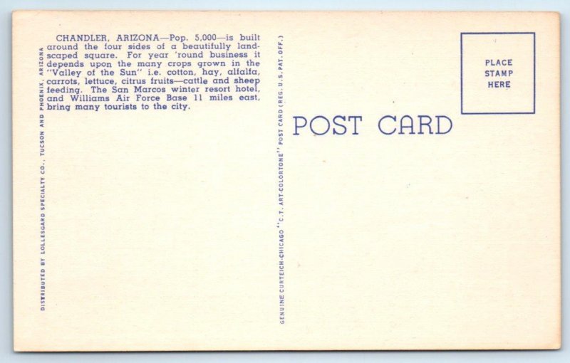CHANDLER, Arizona AZ ~ Businesses SAN MARCOS HOTEL City Park 1950s Postcard