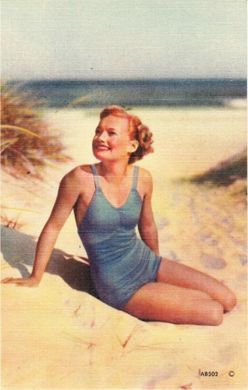 Bathing Beauty in Blue Swimsuit on Beach Linen Postcard by Asheville 1940s-1950s