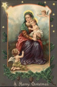 Christmas Mary Holds Baby Jesus Cherub Pine Boughs Embossed EAS c1900s-20s PC