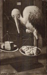 Birth - Sotrk Weighing Baby on Set of Scales c1910 Postcard