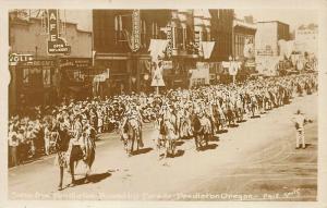 Pendleton OR Street Scene Storefronts Parade Real Photo Postcard