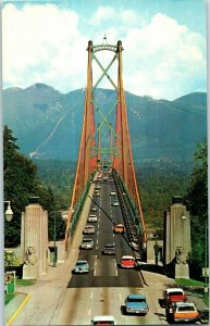 Postcard The Lions Gate Bridge w/ Vintage Cars Vancouver Canada