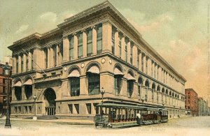 Postcard Antique View of Trolley in front of Public Library, Chicago, IL. S6