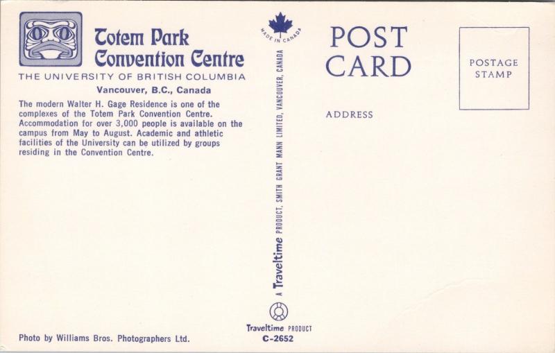 Totem Park Convention Centre UBC Vancouver BC Walter Gage Residence Postcard D64