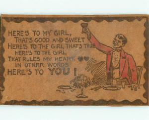 Leather Comic Novelty 1907 Heres to my Girl Cheers Toast Ladies  Postcard # 6092