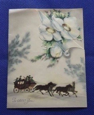 Vtg Christmas AN ARTISTIC Card Iridescent Dogwood Flower Horse Sleigh Ride #129