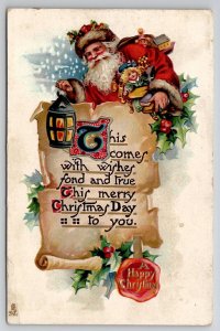 Christmas Santa Claus Lantern Sack of Toys Scroll  Postcard J22