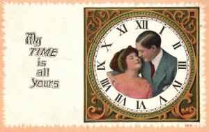 Vintage Postcard 1910's My Time Is All Yours Romance Lovers Roman Numeral Clock