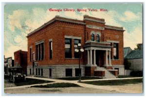 1910 Carnegie Library Building Exterior Spring Valley Minnesota MN Car Postcard