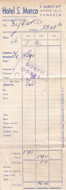 Venezia Venice Hotel San Marco 1940s Receipt