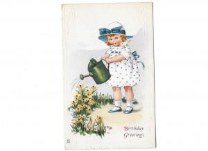 Birthday Greetings from a Cute Little Girl Sprinkling Daisys