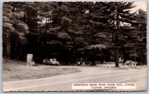 Postcard RPPC c1959 Cloyne Ontario Greetings From Whip Poor Will Lodge Old Cars