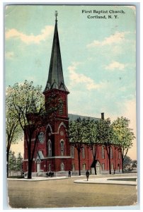 1915 First Baptist Church Tree-lined Street View Cortland New York NY Postcard