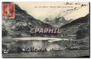 Old Postcard Militaria Alpine Hunters doing laundry alpine lake