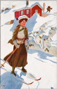 Woman Skiing Skier Winter Scene Serie 1241 c1910 Kinzie Cancel Postcard H61