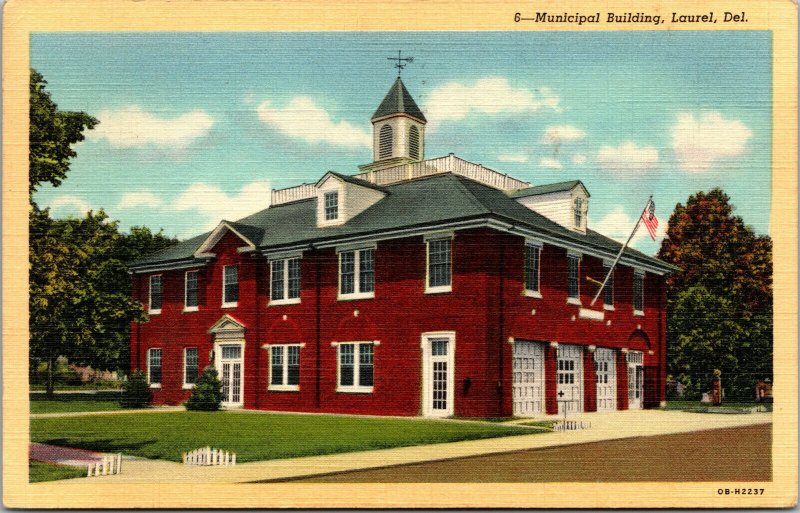 Vtg 1940s Municipal Building Laurel Delaware DE Linen Postcard