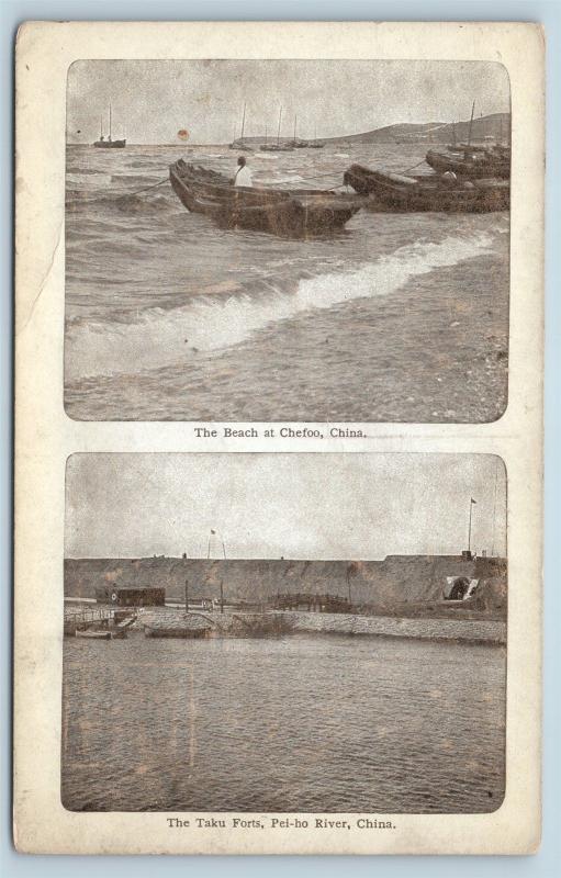 Postcard China Beach at Chefoo Taku Forts Pei-ho River c1917 M03