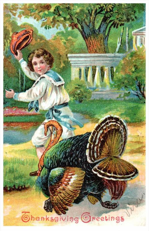 16197  Thanksgiviing   Turkey playing with boy in sailor suit