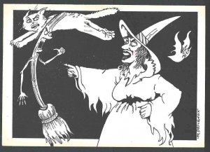 1980 PPC Halloween Witch Cat & Broomstick Humorous Rendition By Mark See Info