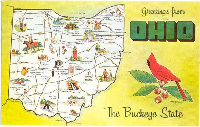 Greetings from the Ohio The Buckeye State Map Card OH 1959