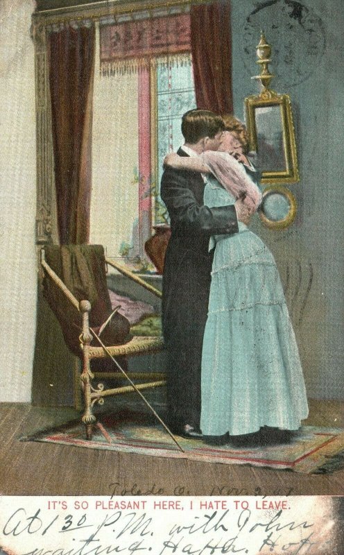 Vintage Postcard 1907 It's so Pleasant Here. I Hate to Leave Man & Woman Kissing