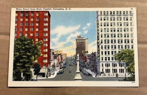 UNUSED .01 LINEN POSTCARD  MAIN ST. FROM STATE CAPITOL, COLUMBIA, SOUTH CAROLINA