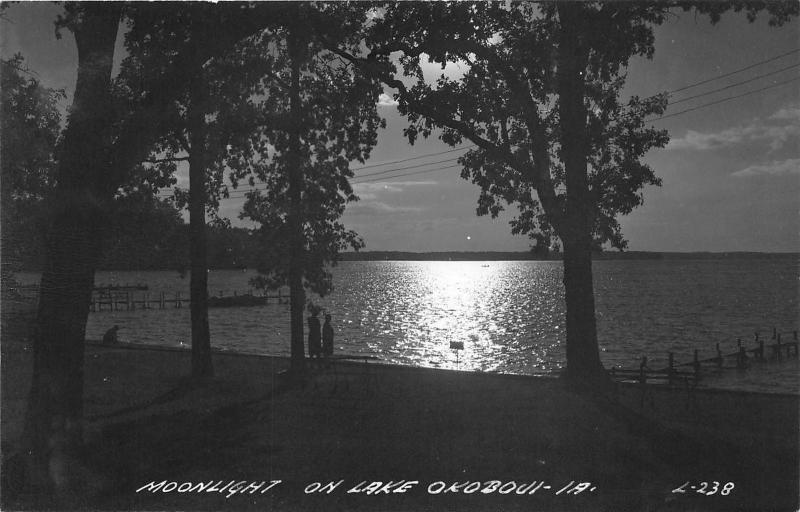 Okoboji Iowa~Lake View @ Night~People on Shore~Moonlight on Water~1940s RPPC