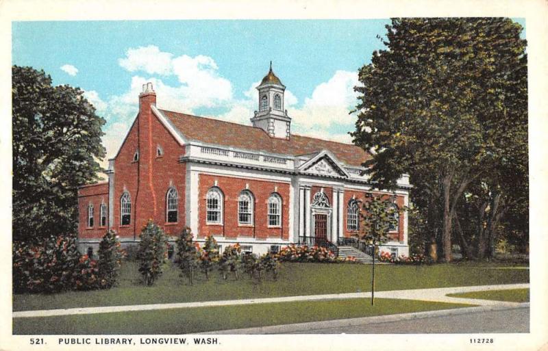 Lonview Washington Public Library Street View Antique Postcard K15009