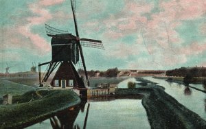 Vintage Postcard Windmills Lake Ponds Scenic Picturesque Leerdam Netherlands