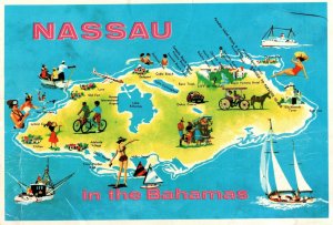 VINTAGE POSTCARD MAP OF NASSAU IN THE BAHAMAS MAILED 1983 - SOME CREASES